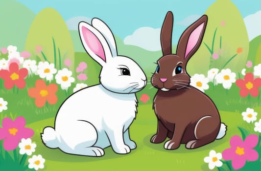 White et chocolate rabbits in a field with daisies for Easter holiday