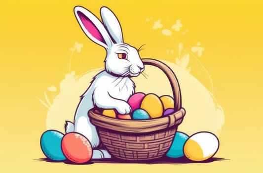 White rabbit in a basket with colored eggs on a yellow background for Easter holiday