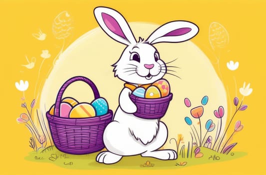 White rabbit in a basket with colored eggs at yellow background Easter