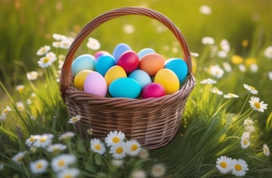 Wicker basket with colored eggs in a field with daisies for Easter