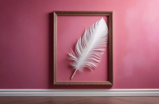 Big peacock feather in a frame on a pink wall