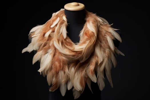 A feather scarf adorns the mannequin, showcasing the use of animal product and natural material in fashion design for performing arts and entertainment events