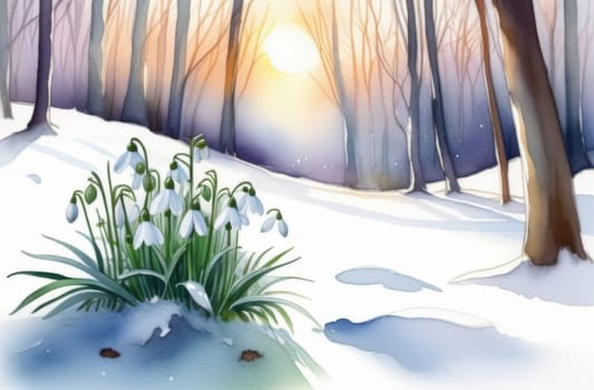 The first snowdrop flowers breaking through the snow in the forest