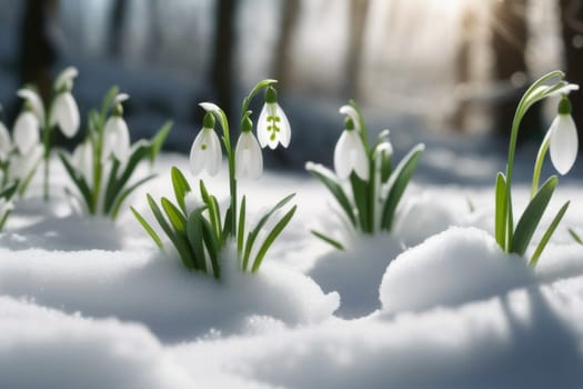The first snowdrop flowers breaking through the snow in the forest