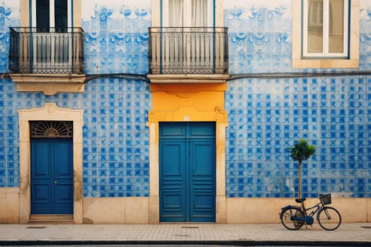 Typical old tiles and doors of Portugal, detail of a classic ceramic tiles azulejos, art of Portugal