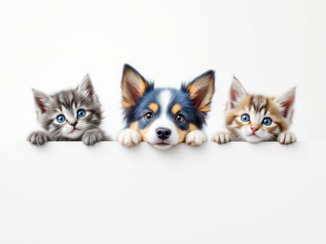 Two playful kittens and an adorable puppy peeking over a blank sign against a white background, creating the perfect canvas for custom messaging or design elements