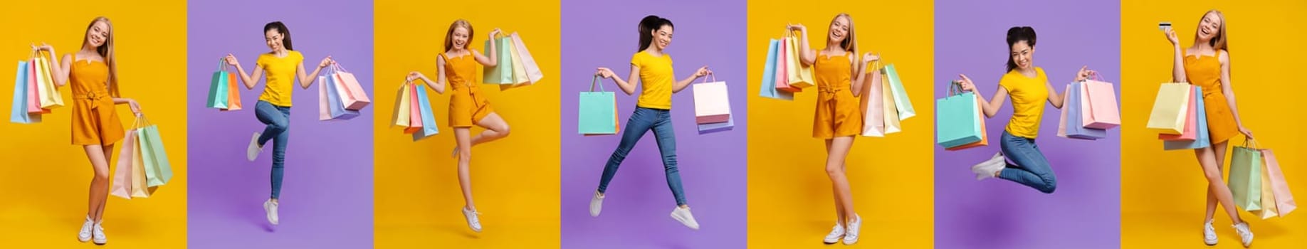 A cheerful group of people enjoying a shopping spree filled with discounts and special offers. Each person holds colorful shopping bags, radiating joy amidst a lively backdrop.