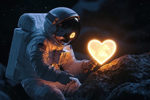 A captivating scene of an astronaut in a dark alien landscape holding a glowing heart. This image beautifully symbolizes love and connection in the vastness of space.
