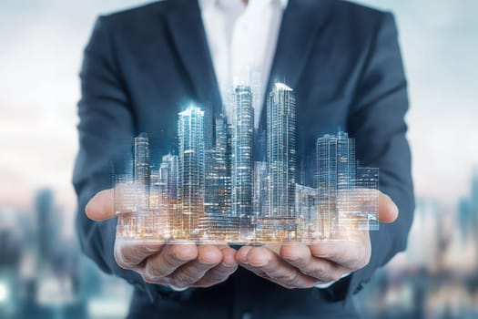 A businessman presents a futuristic cityscape model in his hands, symbolizing innovation and growth in urban development.