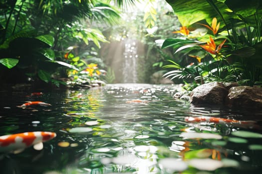 Discover a lush tropical oasis featuring vibrant koi fish swimming gracefully in a serene pond, surrounded by exotic foliage and a cascading waterfall.