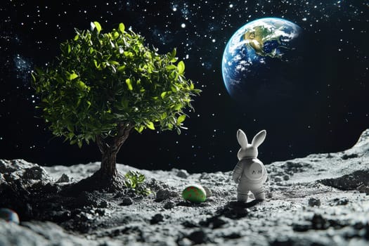 A whimsical bunny figurine stands on a lunar surface, gazing at Earth in the distance, next to a green tree and a colorful egg. Perfect for imaginative themes!