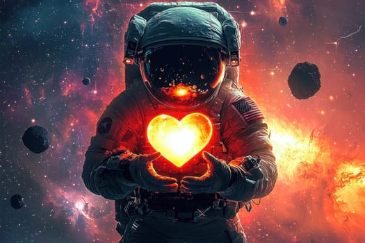 An astronaut in a vibrant cosmic setting holds a glowing heart. The image evokes feelings of love and exploration, merging technology and emotion.