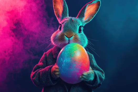 A whimsical rabbit character holds a vibrant egg amidst colorful smoke, perfect for celebrating Easter and spring festivities with a magical touch.