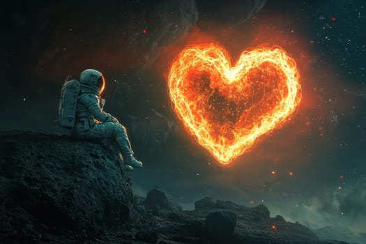 An enchanting scene features an astronaut seated on an asteroid, gazing at a glowing heart shape in the cosmos. This artwork captures the essence of love and solitude in a magical universe.