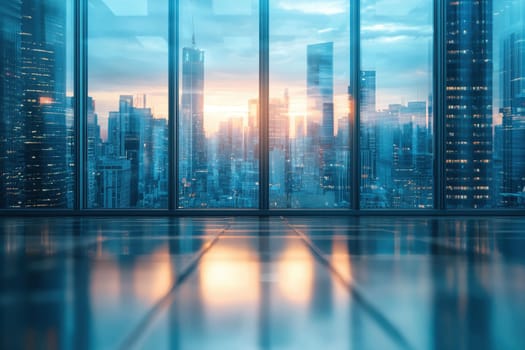 A stunning urban cityscape displayed through large glass windows during dusk, showcasing modern architecture and vibrant city lights reflecting on the floor.
