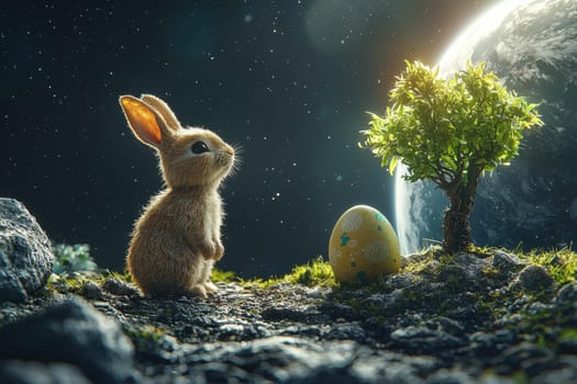 A cute bunny gazes at a colorful egg nestled beside a small tree, set against a backdrop of Earth and a starry sky, evoking a sense of wonder and joy.