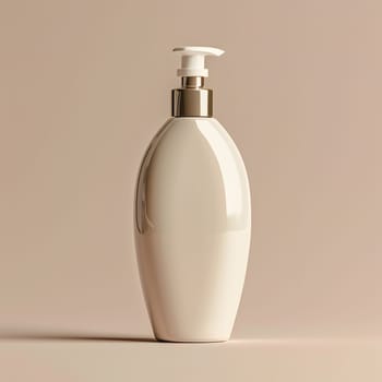 A luxurious glass bottle with a gold pump, perfect for cosmetics or liquid drinkware. The elegant design stands out on a beige background