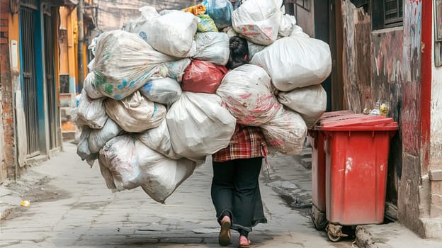 Woman is carrying a huge pile of trash bags on her back, struggling to walk down a narrow street. The photo highlights the poverty and waste management issues in developing countries