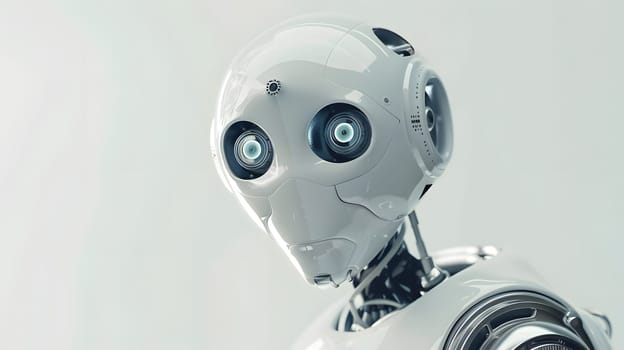 Close-up view of a sleek robot with expressive eyes and advanced technology design
