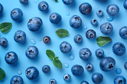 Azure blueberries and fresh mint leaves arranged on a vibrant blue background resembling electric blue gemstone. The natural materials create an artful circle of color against the aqua backdrop