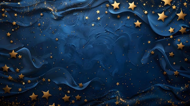 An Electric blue background with gold stars creates a freezing winter scene. The liquid pattern of stars resembles frost on a natural landscape, adding an artistic touch to the darkness