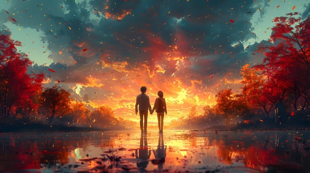 A couple silhouettes holding hands against a vivid, autumnal sunset background.