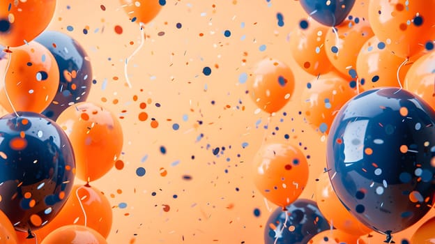A cluster of orange and blue balloons ascend into the sky, resembling climbing holds on a wall. The vibrant colors create a dynamic and playful organism floating in the open space
