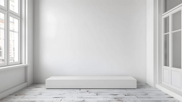 A wooden bench sits in the center of the room, surrounded by grey flooring. The rectangular fixture adds a touch of warmth to the building