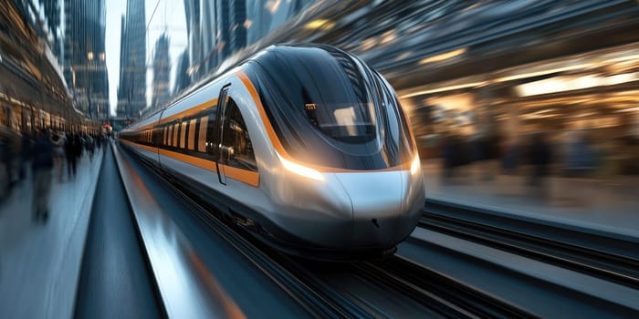High-speed train depiction: dynamic motion, modernized appearance, cutting-edge design, rapid transport, innovative engineering, sleek travel, futuristic transit, swift movement, advanced railway