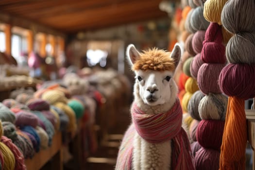 Alpaca in a shop and colored yarn of alpaca wool