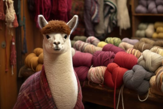 Alpaca in a shop and colored yarn of alpaca wool