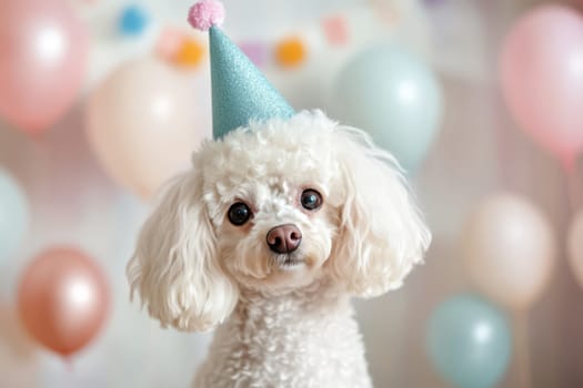 White poodle in a cap and with pastel colored balls Birthday
