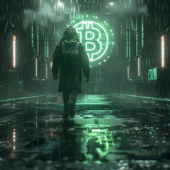A person strolls through the rainy city streets at midnight in front of a glowing electric blue Bitcoin sign, adding an artful touch to the dark and wet surroundings