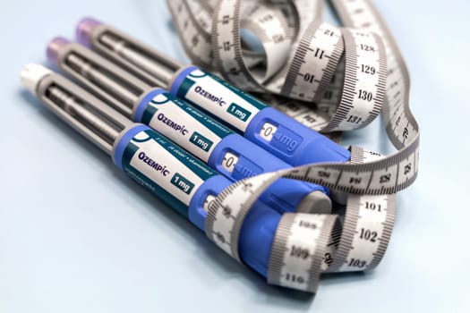 Ozempic Insulin injection pen or insulin cartridge pen for diabetics and weight loss. Medical equipment for diabetes parients. Copenhagen, Denmark - December 18, 2024