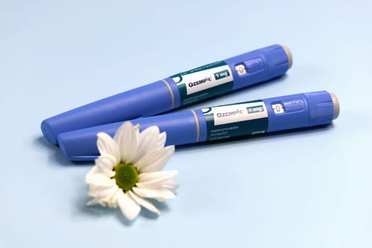 Ozempic Insulin injection pen or insulin cartridge pen for diabetics and weight loss. Medical equipment for diabetes parients. Copenhagen, Denmark - December 18, 2024