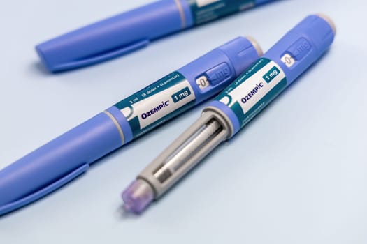 Ozempic Insulin injection pen or insulin cartridge pen for diabetics and weight loss. Medical equipment for diabetes parients. Copenhagen, Denmark - December 18, 2024
