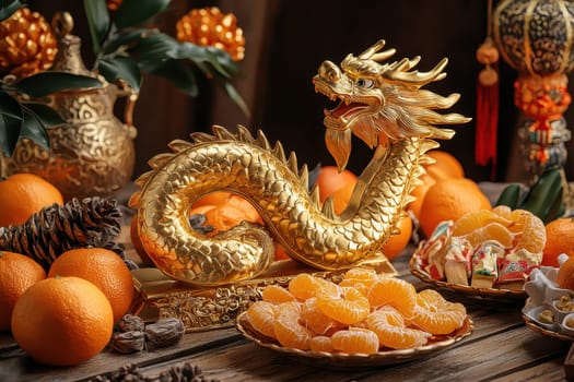A captivating golden dragon figurine rests among fresh oranges and colorful decorations, symbolizing prosperity and luck during festive celebrations, evoking joy.