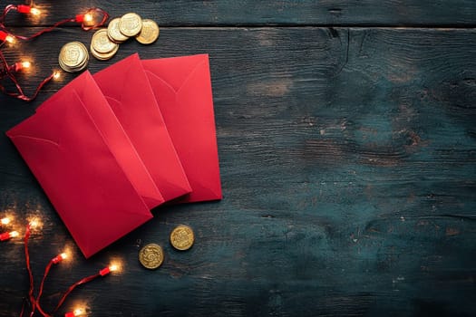 Three red envelopes sit on a dark wooden surface accompanied by golden coins and soft glowing lights, creating a festive ambiance perfect for celebrations.