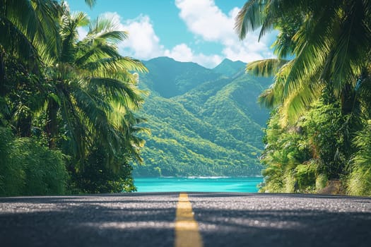 A captivating tropical landscape featuring a serene road lined with palms, leading to stunning mountains and calm blue waters. Ideal for travel and nature enthusiasts.
