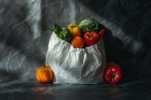 A crumpled white bag filled with colorful fresh vegetables like peppers, cabbage, and oranges, set against a dark textured background, highlighting rustic elegance.