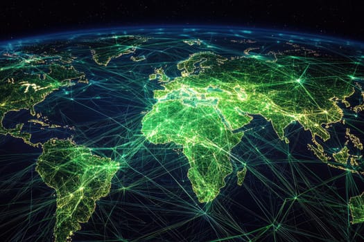 This captivating image depicts a digital network overlay across the Earth, showcasing vibrant green connections and illuminating continents. Ideal for technology and global communication themes.