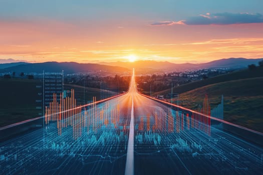 Stunning image of a digital highway illuminated by a sunset, featuring a futuristic data visualization overlay. Perfect for technology and travel themes.