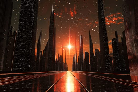 This captivating image features a futuristic cityscape bathed in a radiant sunset, characterized by towering skyscrapers and a mesmerizing horizon.