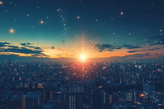 A breathtaking cityscape at sunset featuring a starburst effect and glowing skyline. The vibrant colors illuminate urban buildings, creating a serene atmosphere.