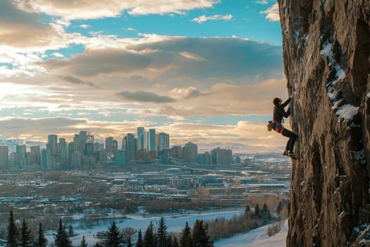 A climber ascends a rocky wall amid a stunning urban skyline at sunset, capturing the thrill of adventure. The contrast of nature and city life creates a breathtaking scene.