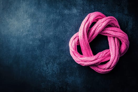 This image features an intricate pink rope knot placed on a dark textured background, showcasing the vibrant color and unique shape that enhances visual appeal.