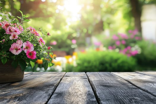 A charming scene featuring pink flowers in a wooden pot on a rustic table. The blurred floral background creates a serene and vibrant outdoor atmosphere.