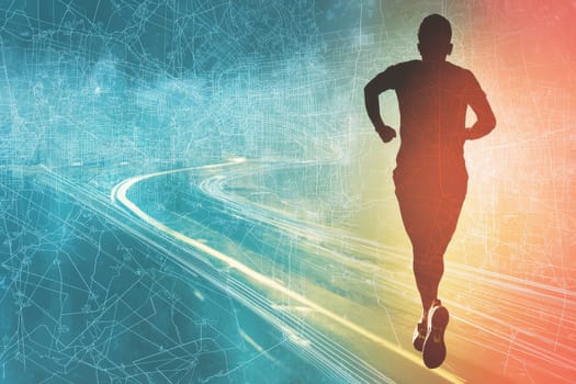 A dynamic silhouette of a runner in motion, captured against a vivid abstract background, conveys energy and determination, inspiring fitness and ambition.