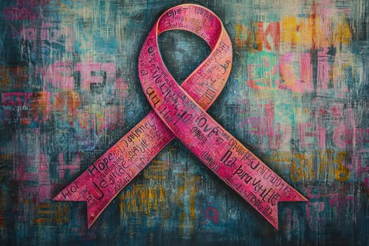 A vibrant and artistic depiction of a pink ribbon, symbolizing hope and support in the fight against breast cancer, set against a colorful textured background.