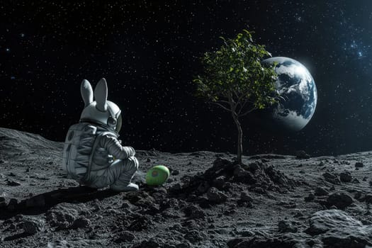An imaginative scene featuring a bunny in an astronaut suit sitting beside a tree on the moon, with Earth visible in the distance, creating a whimsical, peaceful atmosphere.